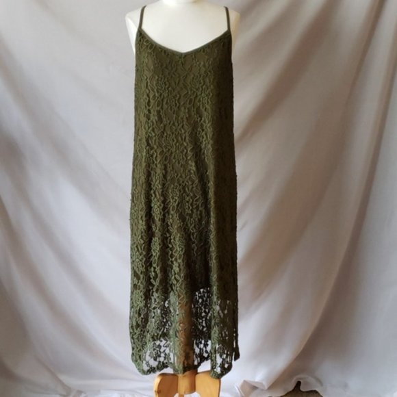 Olive Green Lined Lace Midi Dress - Picture 1 of 6